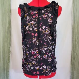 Lauren Conrad Black Floral Sleeveless Ruffle Blouse Size M